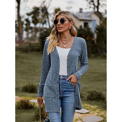 Women's Ribbed Knit Long Cardigan Sweater, Button Down Open Front Cardigan with Pockets
