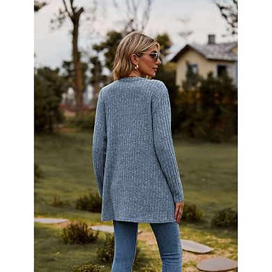 Women's Ribbed Knit Long Cardigan Sweater, Button Down Open Front Cardigan with Pockets