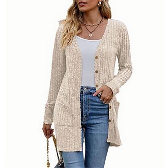 Women's Ribbed Knit Long Cardigan Sweater, Button Down Open Front Cardigan with Pockets