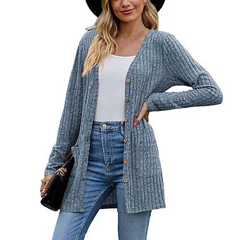 Women's Ribbed Knit Long Cardigan Sweater, Button Down Open Front Cardigan with Pockets