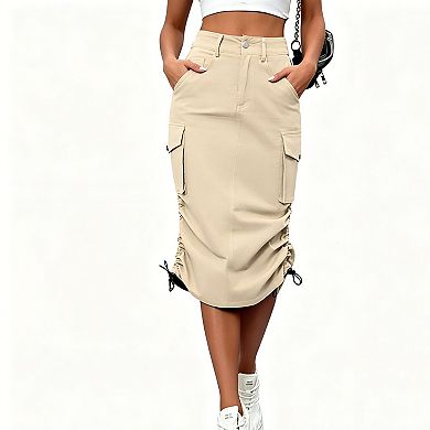 Women's High Waist Cargo Midi Skirt, Drawstring Ruched Side Pocket Bodycon Utility Skirt