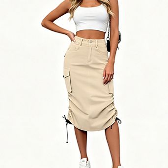 Women's High Waist Cargo Midi Skirt, Drawstring Ruched Side Pocket Bodycon Utility Skirt