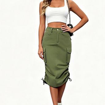 Women's High Waist Cargo Midi Skirt, Drawstring Ruched Side Pocket Bodycon Utility Skirt