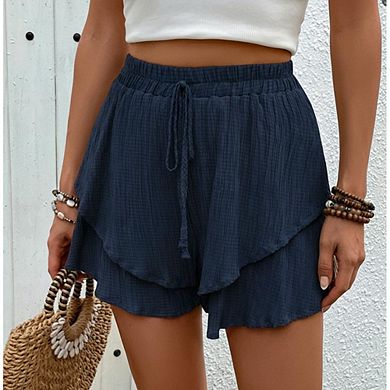 Women's Elastic Waist Layered Ruffle Shorts, Casual Drawstring Flowy Summer Beach Shorts