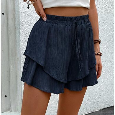 Women's Elastic Waist Layered Ruffle Shorts, Casual Drawstring Flowy Summer Beach Shorts