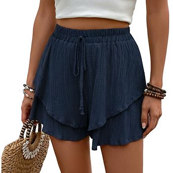 Women's Elastic Waist Layered Ruffle Shorts, Casual Drawstring Flowy Summer Beach Shorts