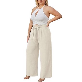 Plus Size Wide Leg Pants, Casual Paperbag Waist Trousers with Bow Tie, Loose Pants with Pockets