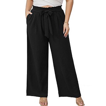 Plus Size Wide Leg Pants, Casual Paperbag Waist Trousers with Bow Tie, Loose Pants with Pockets