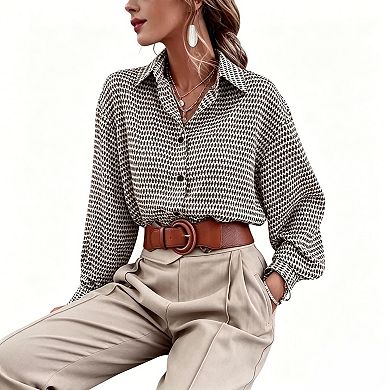 Women's Houndstooth Print Button Down Shirt, Long Sleeve Loose Casual Blouse
