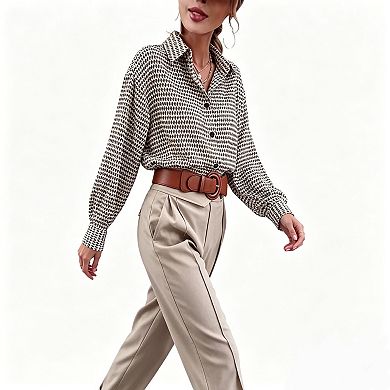 Women's Houndstooth Print Button Down Shirt, Long Sleeve Loose Casual Blouse