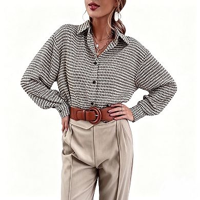 Women's Houndstooth Print Button Down Shirt, Long Sleeve Loose Casual Blouse