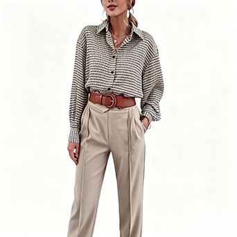 Women's Houndstooth Print Button Down Shirt, Long Sleeve Loose Casual Blouse