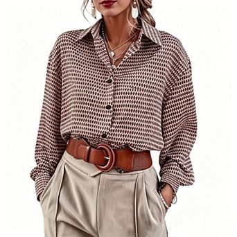 Women's Houndstooth Print Button Down Shirt, Long Sleeve Loose Casual Blouse