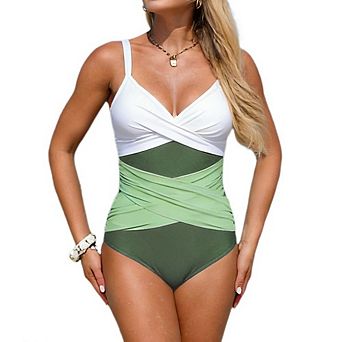 Women's Tummy Control One Piece Swimsuit, Color Block Wrap Front Bathing Suit with Adjustable Straps