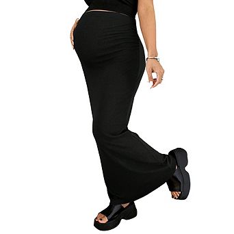 Maternity Ribbed Knit Maxi Skirt, High Waisted Bodycon Long Skirt, Stretch Pregnancy Maxi Skirt