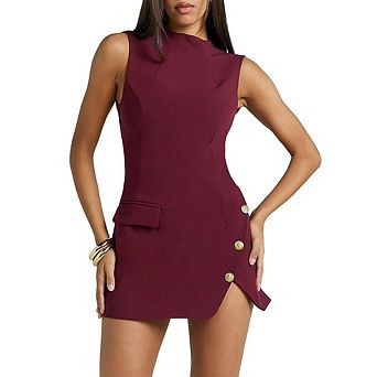 Women's Sleeveless Mini Dress,Mock Neck Tailored Dress with Gold Buttons,Back Cutout Bodycon Dress