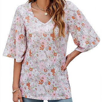 Women's 3/4 Sleeve Tunic Tops Casual V Neck Shirts Floral Printed Loose Fit Pleated Blouses