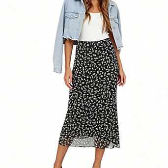 Women's Floral Chiffon Midi Skirt, High Waist Sheer Mesh Ruffle Hem Bodycon Skirt