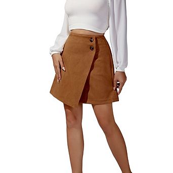 Women's Suede Wrap Mini Skirt, High Waisted A-Line Skirt with Button Detail, Casual Fall Short Skirt