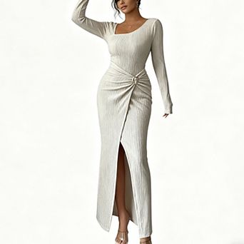 Women's Textured Knit Maxi Dress, Asymmetrical Neck Long Sleeve Ruched Waist Slit Gown