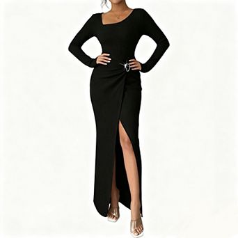 Women's Textured Knit Maxi Dress, Asymmetrical Neck Long Sleeve Ruched Waist Slit Gown