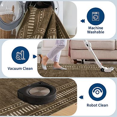 Bordered Machine Washable Rug with Non-Slip Backing for Living Room, Dining Room