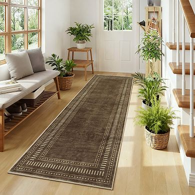 Bordered Machine Washable Rug with Non-Slip Backing for Living Room, Dining Room