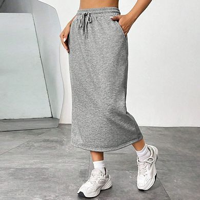 Women's Drawstring High Waist Sweat Midi Skirt with Pockets