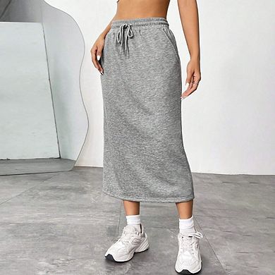 Women's Drawstring High Waist Sweat Midi Skirt with Pockets