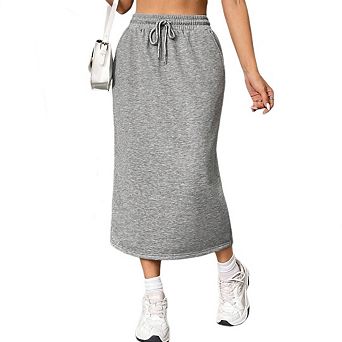 Women's Drawstring High Waist Sweat Midi Skirt with Pockets