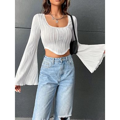 Women Bell Long Sleeve Square Neck Asymmetrical Hem Ruched Crop Tops