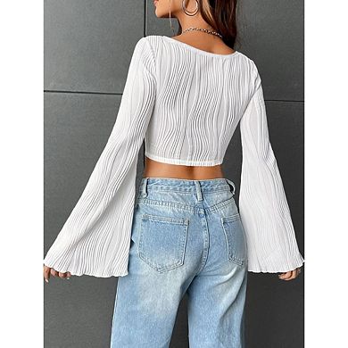 Women Bell Long Sleeve Square Neck Asymmetrical Hem Ruched Crop Tops