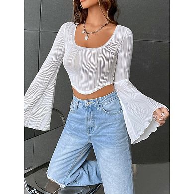 Women Bell Long Sleeve Square Neck Asymmetrical Hem Ruched Crop Tops
