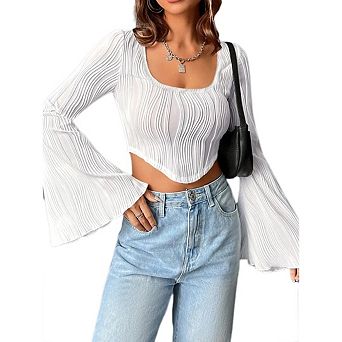 Women Bell Long Sleeve Square Neck Asymmetrical Hem Ruched Crop Tops