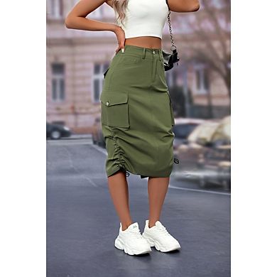 Women Low Waist Drawstring Ruched Vintage Cargo Skirt with Pockets