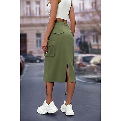 Women Low Waist Drawstring Ruched Vintage Cargo Skirt with Pockets