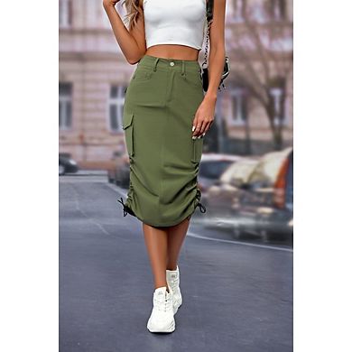 Women Low Waist Drawstring Ruched Vintage Cargo Skirt with Pockets
