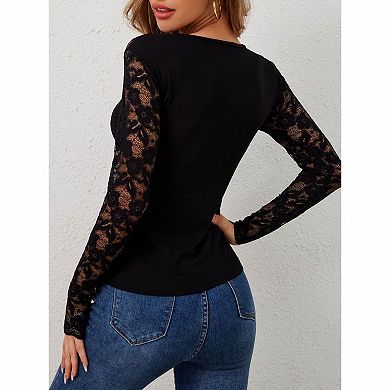 Women Lace Top Sheer V Neck Long Sleeve Shirt