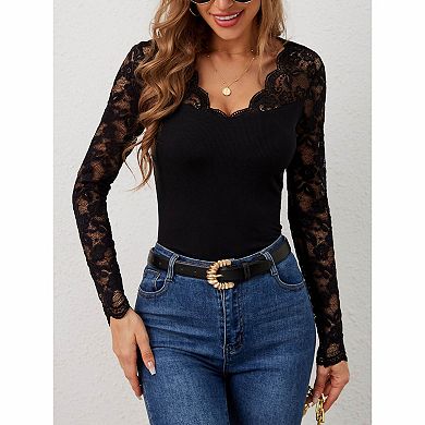 Women Lace Top Sheer V Neck Long Sleeve Shirt