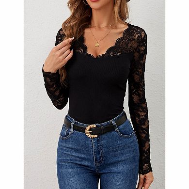 Women Lace Top Sheer V Neck Long Sleeve Shirt