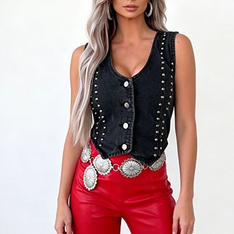 Women's Studded Denim Vest, V Neck Sleeveless Cropped Western Style Button Down Vest