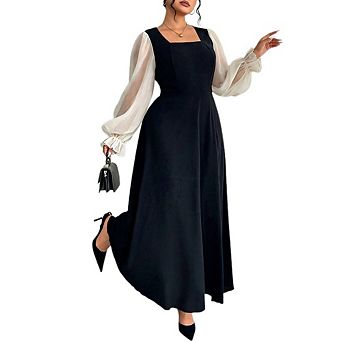 Women's Plus SizeSquare Neck Contrast Sleeve Maxi Dress Long Puff Sheer Sleeve Elegant A-Line Dress
