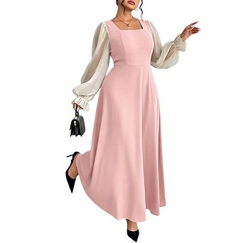 Women's Plus SizeSquare Neck Contrast Sleeve Maxi Dress Long Puff Sheer Sleeve Elegant A-Line Dress