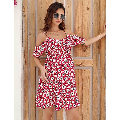 Maternity Dress Daisy Print Cold Shoulder Ruffle Hem Spaghetti Strap Summer Dress