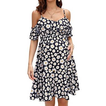 Maternity Dress Daisy Print Cold Shoulder Ruffle Hem Spaghetti Strap Summer Dress