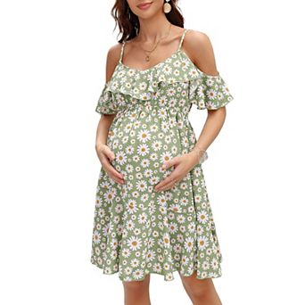Maternity Dress Daisy Print Cold Shoulder Ruffle Hem Spaghetti Strap Summer Dress
