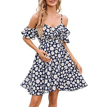 Maternity Dress Daisy Print Cold Shoulder Ruffle Hem Spaghetti Strap Summer Dress