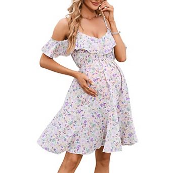 Maternity Dress Daisy Print Cold Shoulder Ruffle Hem Spaghetti Strap Summer Dress