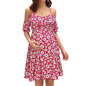 Maternity Dress Daisy Print Cold Shoulder Ruffle Hem Spaghetti Strap Summer Dress