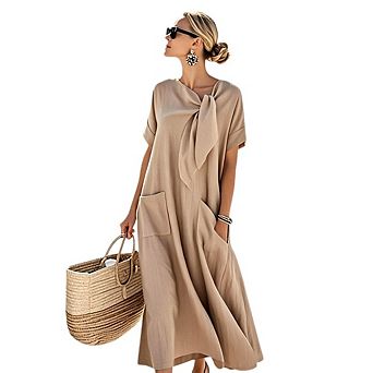 Women's Tie Neck Maxi Dress Short Sleeve Casual Loose Fit Long Dress with Pockets